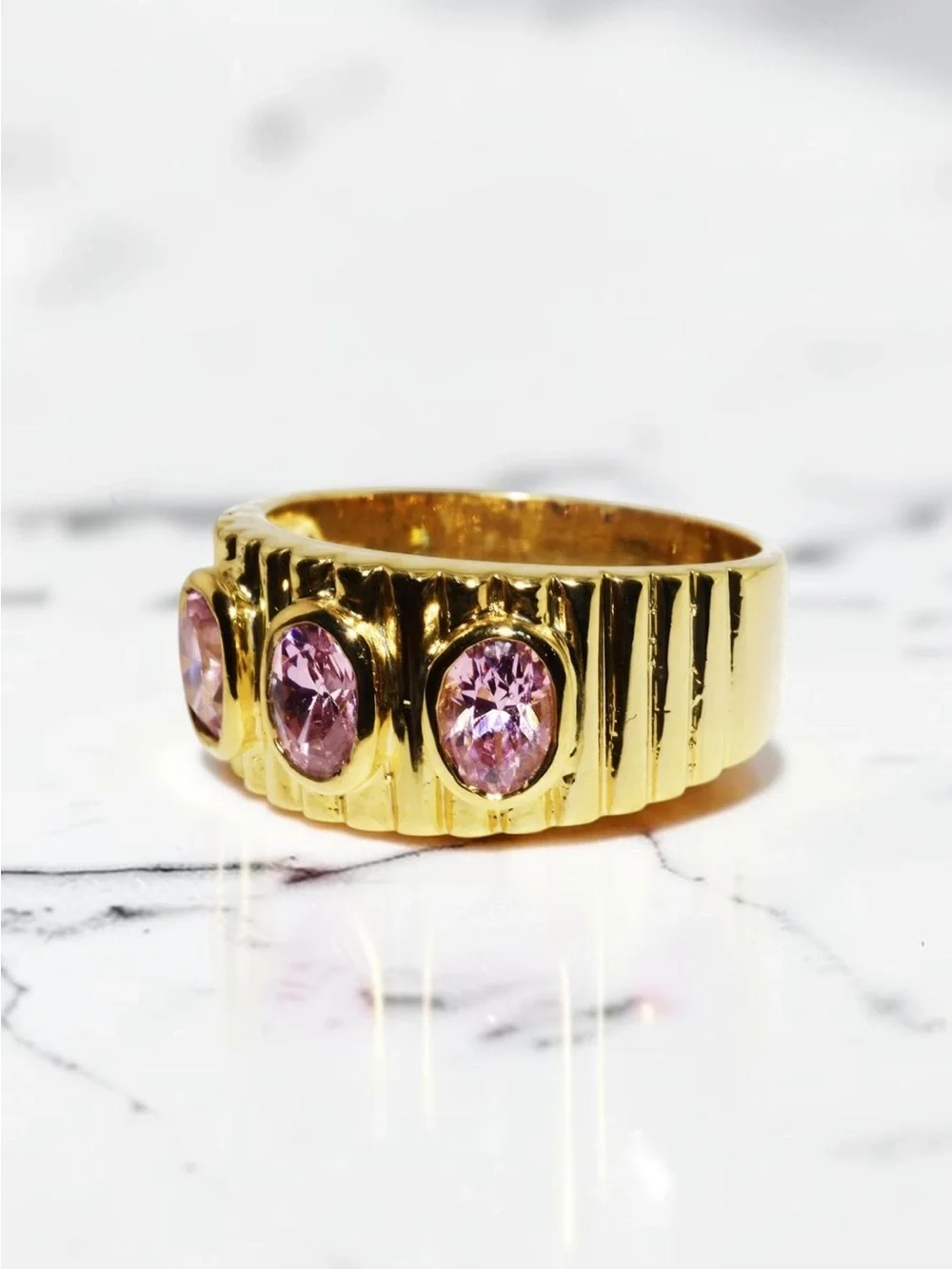 Pink Lab Sapphire 3 Stone Ring Gold Plated Sterling Silver Oval Cocktail Sz 8